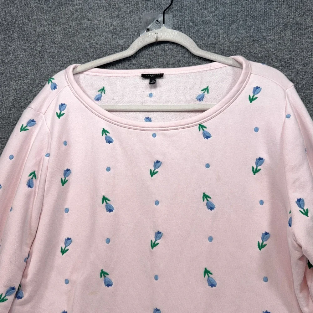 Talbots Sweatshirt Womens 1X Pink Floral Embroidered Crewneck Plus Size Fleece